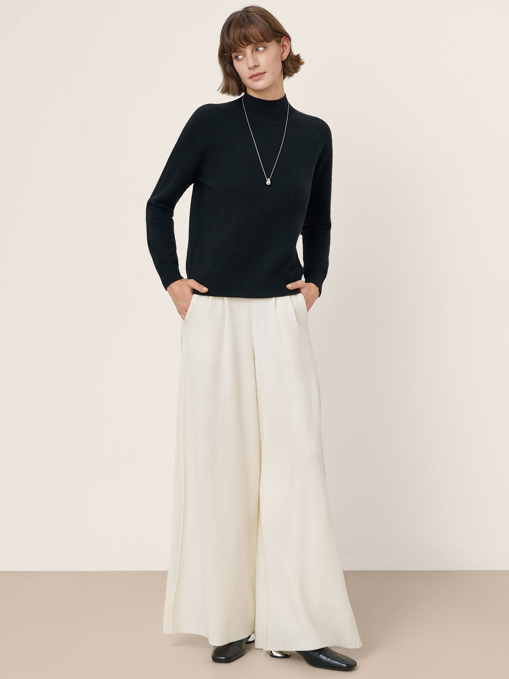 Cashmere Blend Hand-Finished Seamless Mock Neck Ribbed Sweater RHEA