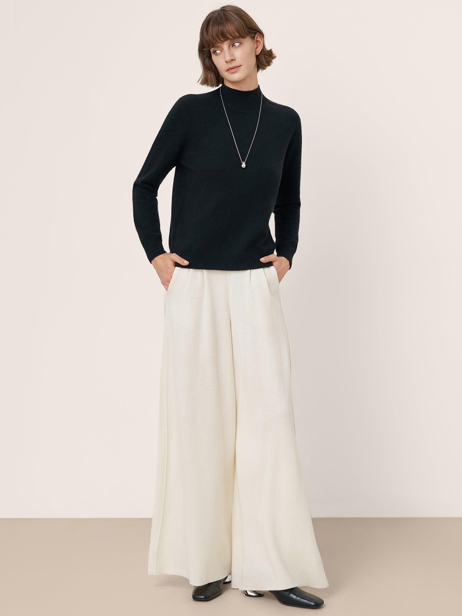 Cashmere Blend Hand-Finished Seamless Mock Neck Ribbed Sweater RHEA