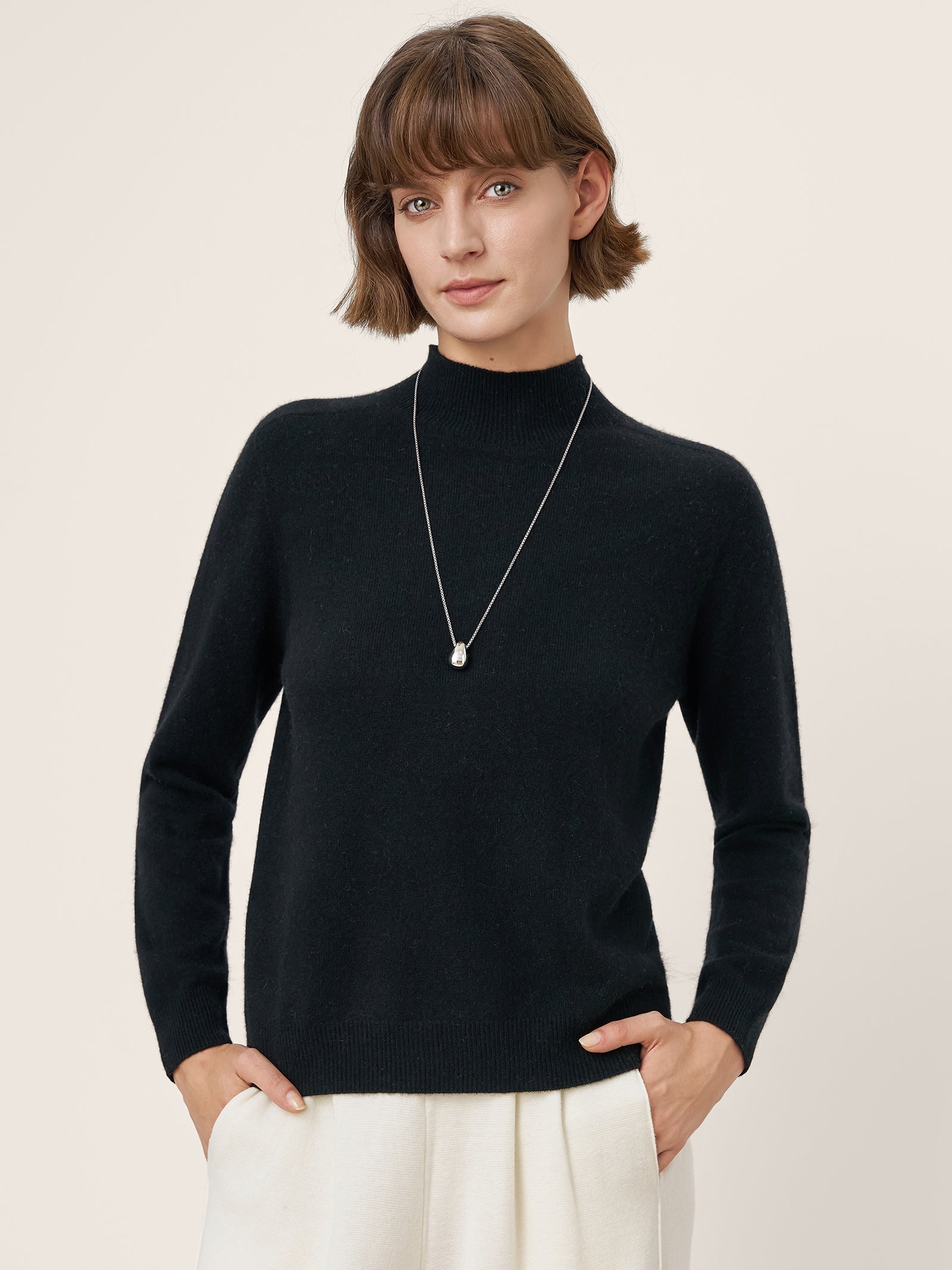 Cashmere Blend Hand-Finished Seamless Mock Neck Ribbed Sweater RHEA
