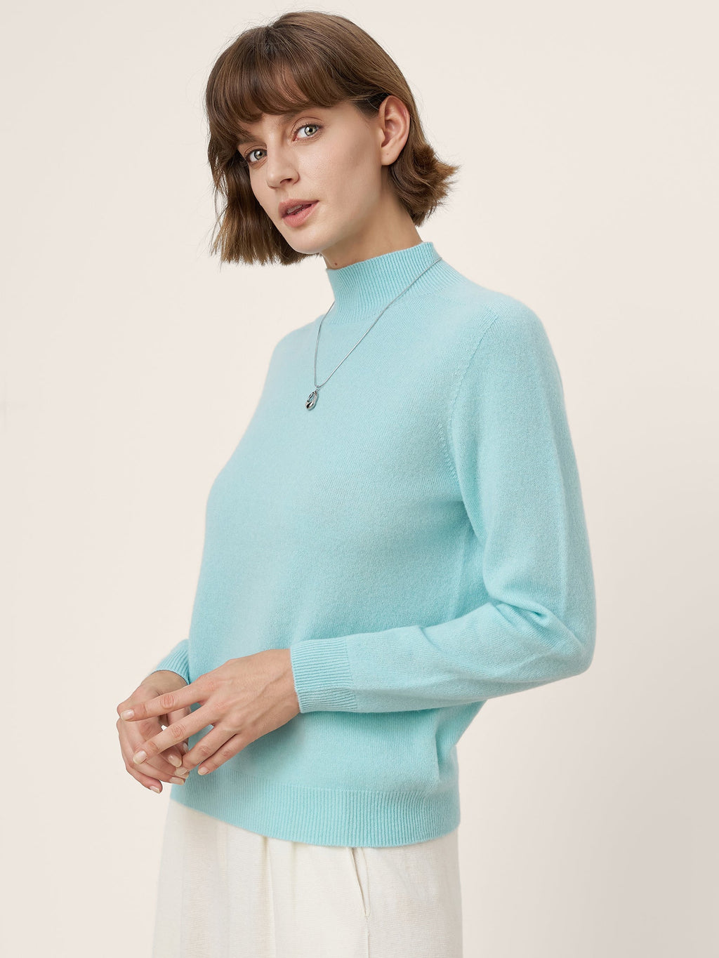 Cashmere Blend Hand-Finished Seamless Mock Neck Ribbed Sweater RHEA